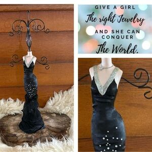 Stylish Black Satin Dress with Rhinestones Jewelry Holder